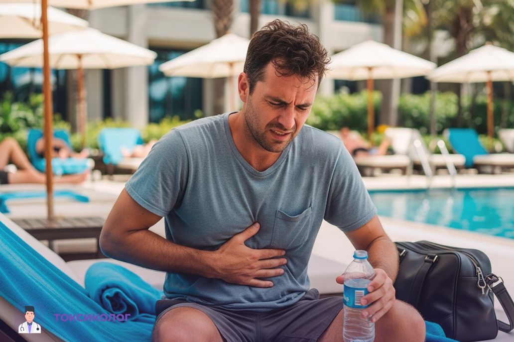 Мужчина держится за живот на фотне бассейна